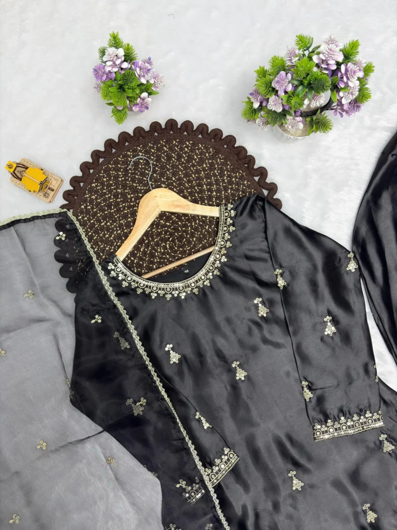 Black Premium Satin Farsi Suit with Sequins Embroidered Organza Dupatta neck design