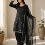 Black Premium Satin Farsi Suit with Sequins Embroidered Organza Dupatta