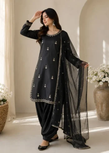 Black Premium Satin Farsi Suit with Sequins Embroidered Organza Dupatta