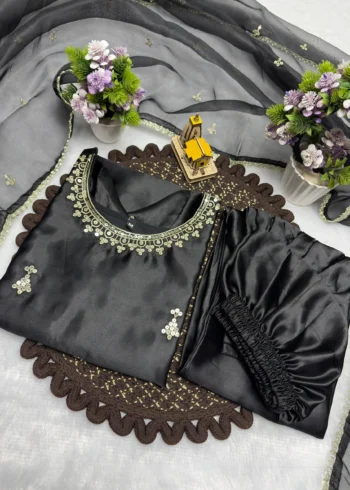 Black Premium Satin Farsi Suit with Sequins Embroidered Organza Dupatta close work