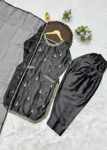 Black Premium Satin Farsi Suit with Sequins Embroidered Organza Dupatta live