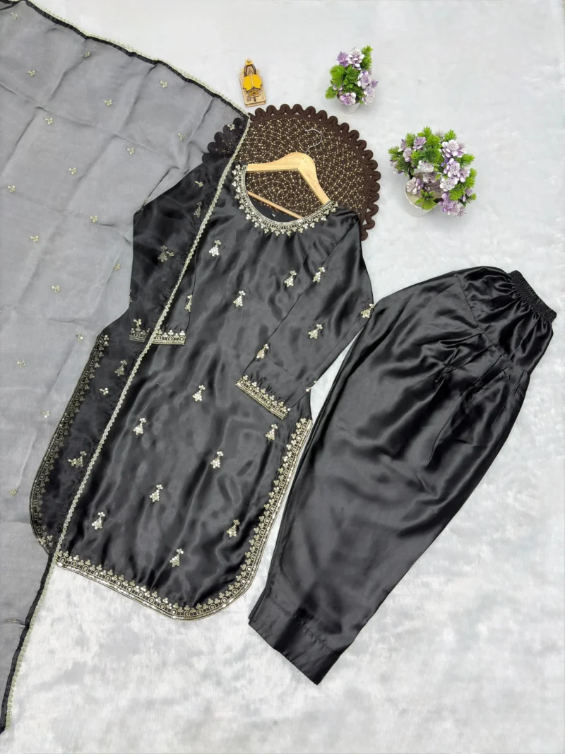 Black Premium Satin Farsi Suit with Sequins Embroidered Organza Dupatta live