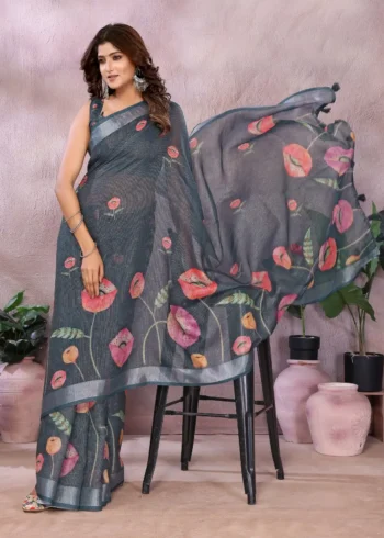 Lilen Simmeer Zari Grey Saree for Festive and Casual Wear front look