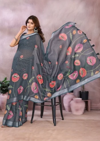 Lilen Simmeer Zari Grey Saree for Festive and Casual Wear full pallu