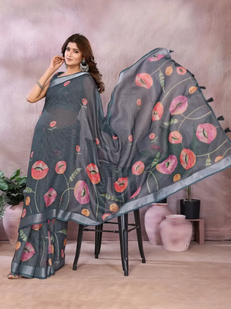 Lilen Simmeer Zari Grey Saree for Festive and Casual Wear full pallu