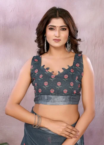 Lilen Simmeer Zari Grey Saree for Festive and Casual Wear blouse design