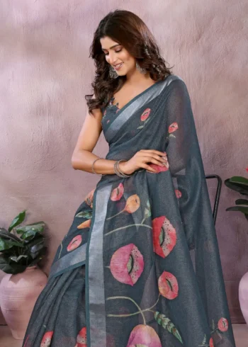 Lilen Simmeer Zari Grey Saree for Festive and Casual Wear close