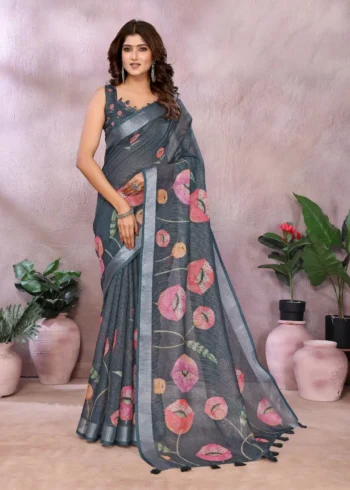 Lilen Simmeer Zari Grey Saree for Festive and Casual Wear