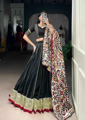 Black Chanderi Garba Lehenga with Zari Work front look