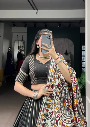 Black Chanderi Garba Lehenga with Zari Work close look