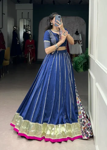 Firozi Chanderi Garba Lehenga with Zari Work front look