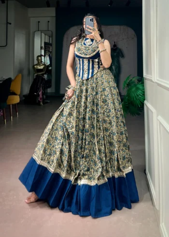 Chanderi Printed Navratri Lehenga with Real Mirror Lace and Stitched Blouse front look