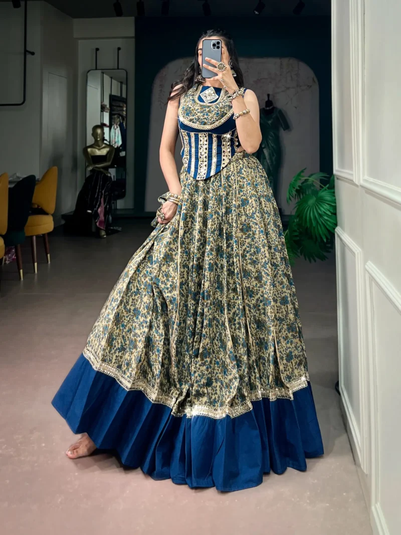 Chanderi Printed Navratri Lehenga with Real Mirror Lace and Stitched Blouse front look
