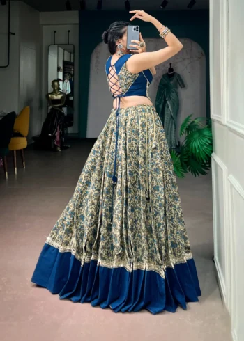 Chanderi Printed Navratri Lehenga with Real Mirror Lace and Stitched Blouse back design