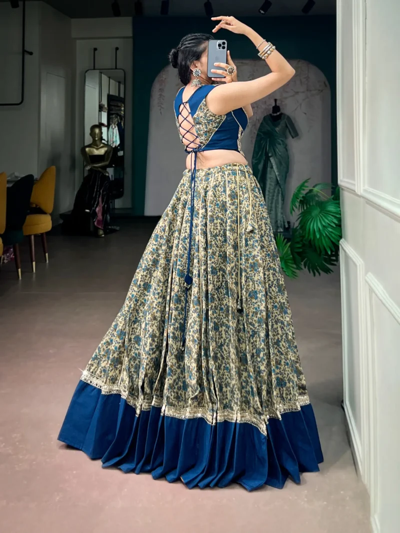 Chanderi Printed Navratri Lehenga with Real Mirror Lace and Stitched Blouse back design