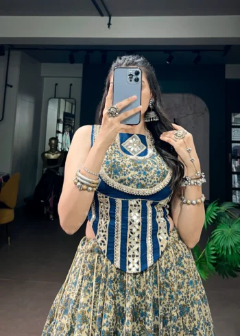 Chanderi Printed Navratri Lehenga with Real Mirror Lace and Stitched Blouse close look
