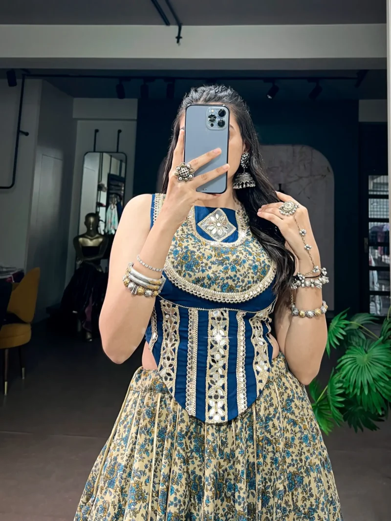 Chanderi Printed Navratri Lehenga with Real Mirror Lace and Stitched Blouse close look
