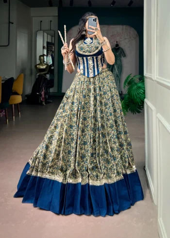 Chanderi Printed Navratri Lehenga with Real Mirror Lace and Stitched Blouse front look