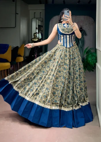 Chanderi Printed Navratri Lehenga with Real Mirror Lace and Stitched Blouse