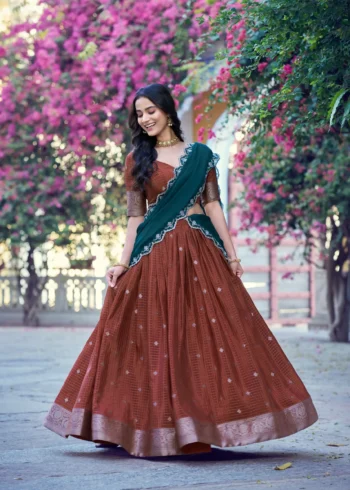 Brown Colour Chinon Checks South Indian Langa Davani Lehenga front look