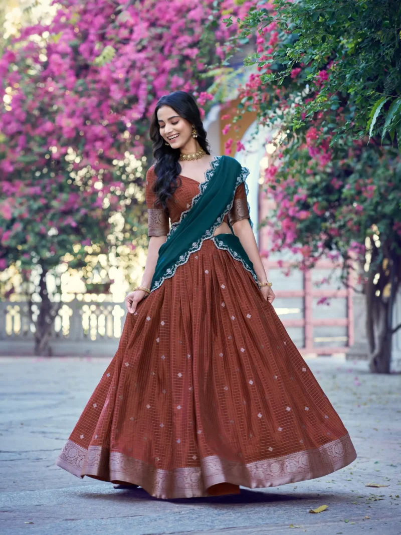 Brown Colour Chinon Checks South Indian Langa Davani Lehenga front look