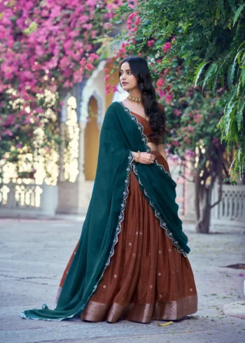 Brown Colour Chinon Checks South Indian Langa Davani Lehenga side look