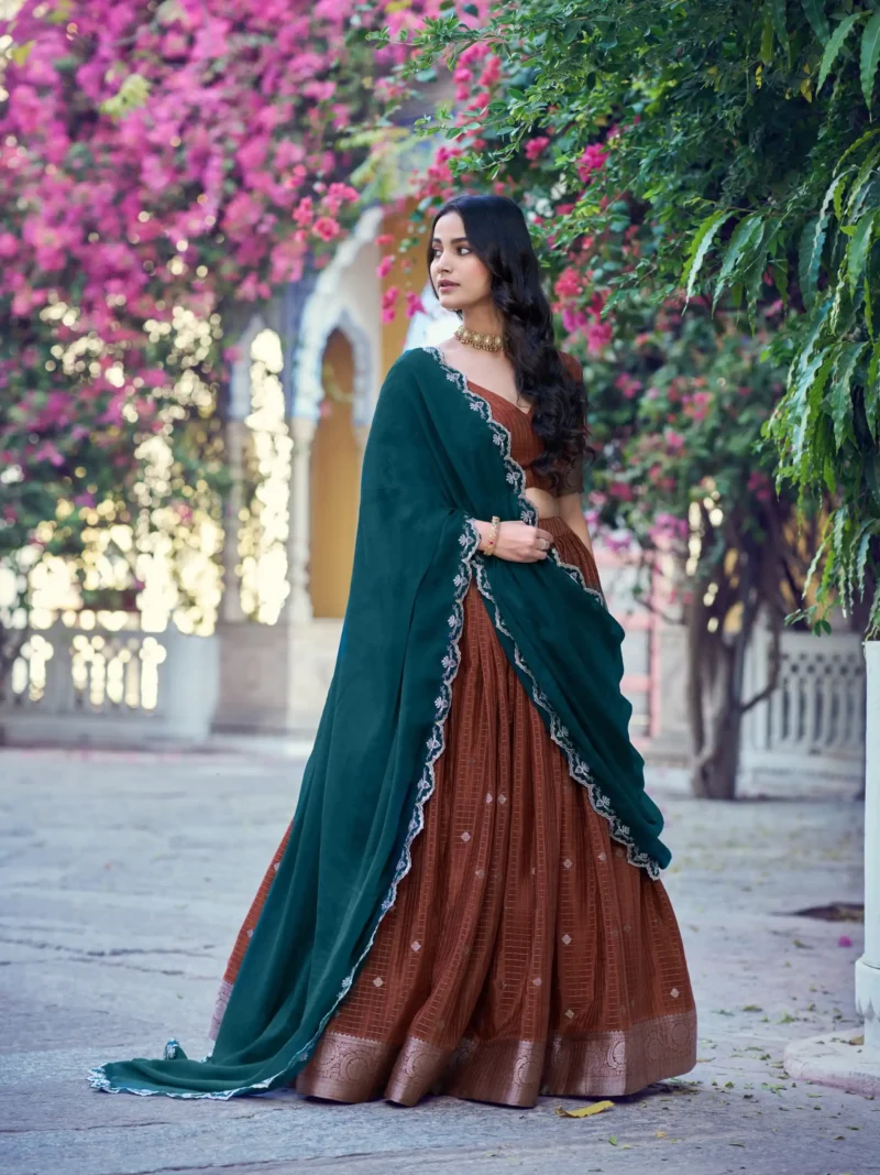 Brown Colour Chinon Checks South Indian Langa Davani Lehenga side look