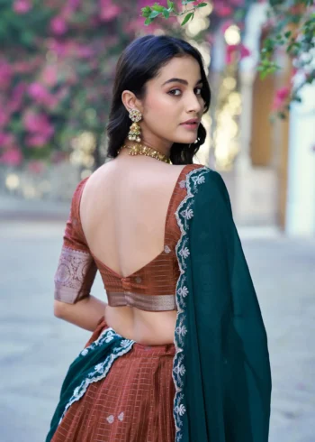 Brown Colour Chinon Checks South Indian Langa Davani Lehenga Back design