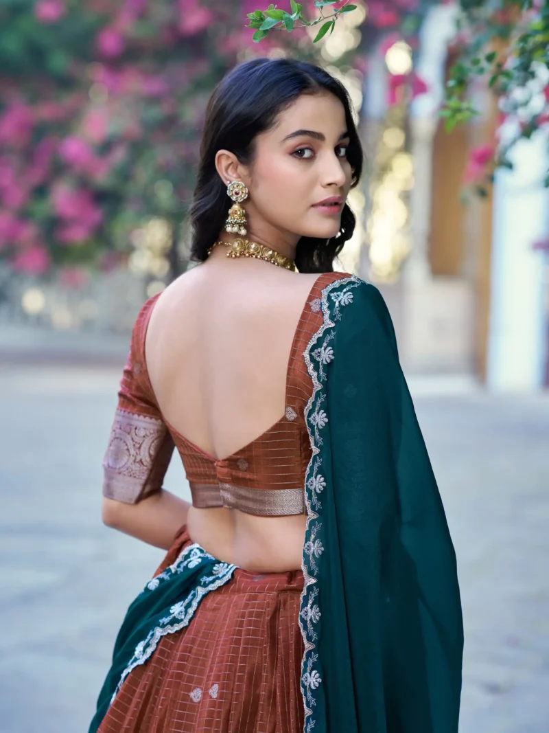 Brown Colour Chinon Checks South Indian Langa Davani Lehenga Back design