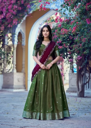 Olive Colour Chinon Checks South Indian Langa Davani Lehenga front look