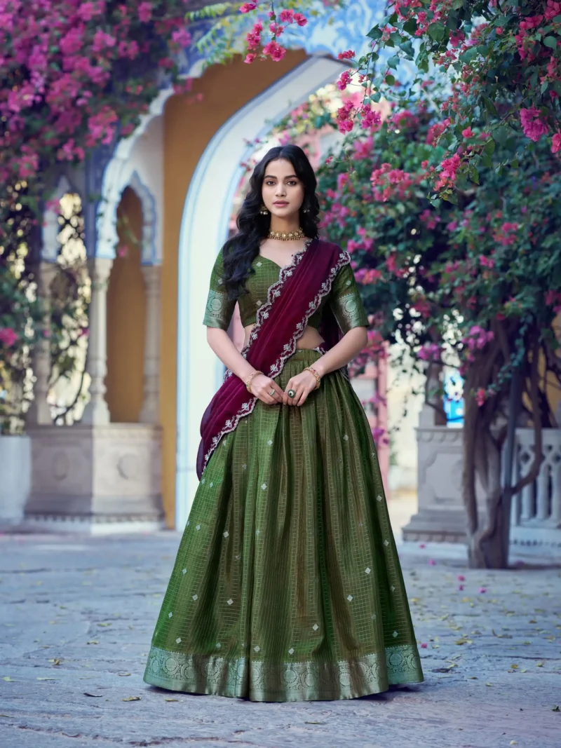 Olive Colour Chinon Checks South Indian Langa Davani Lehenga front look