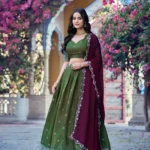 Olive Colour Chinon Checks South Indian Langa Davani Lehenga front design
