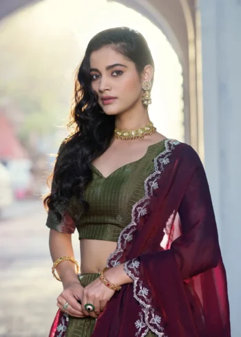 Olive Colour Chinon Checks South Indian Langa Davani Lehenga close