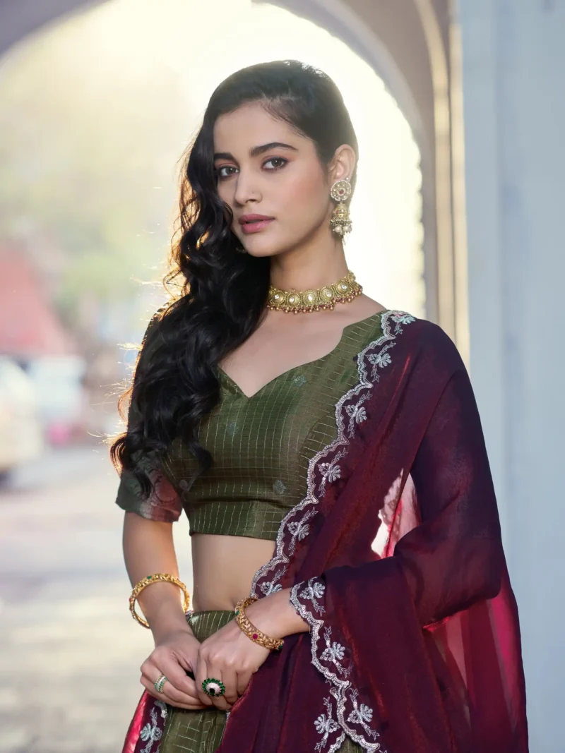 Olive Colour Chinon Checks South Indian Langa Davani Lehenga close