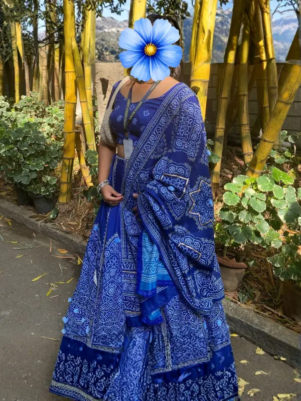 Client wearing Bella Signora blue printed lehenga