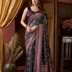 Black Colour Cluster Digital Printed Saree with Jacquard Border front
