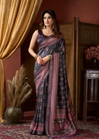 Black Colour Cluster Digital Printed Saree with Jacquard Border front