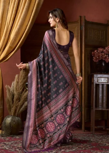 Black Colour Cluster Digital Printed Saree with Jacquard Border back side look