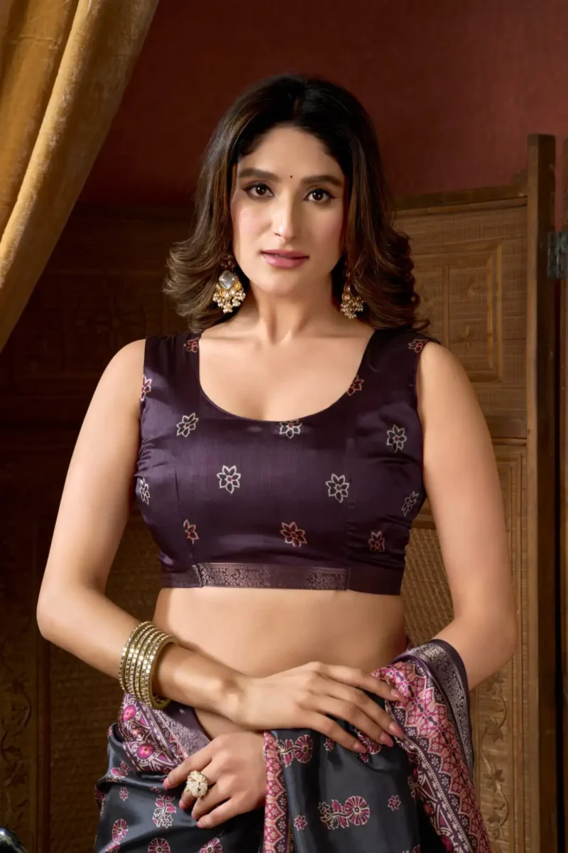 Black Colour Cluster Digital Printed Saree with Jacquard Border blouse design