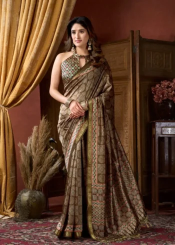 Brown Colour Cluster Digital Printed Saree with Jacquard Border front look