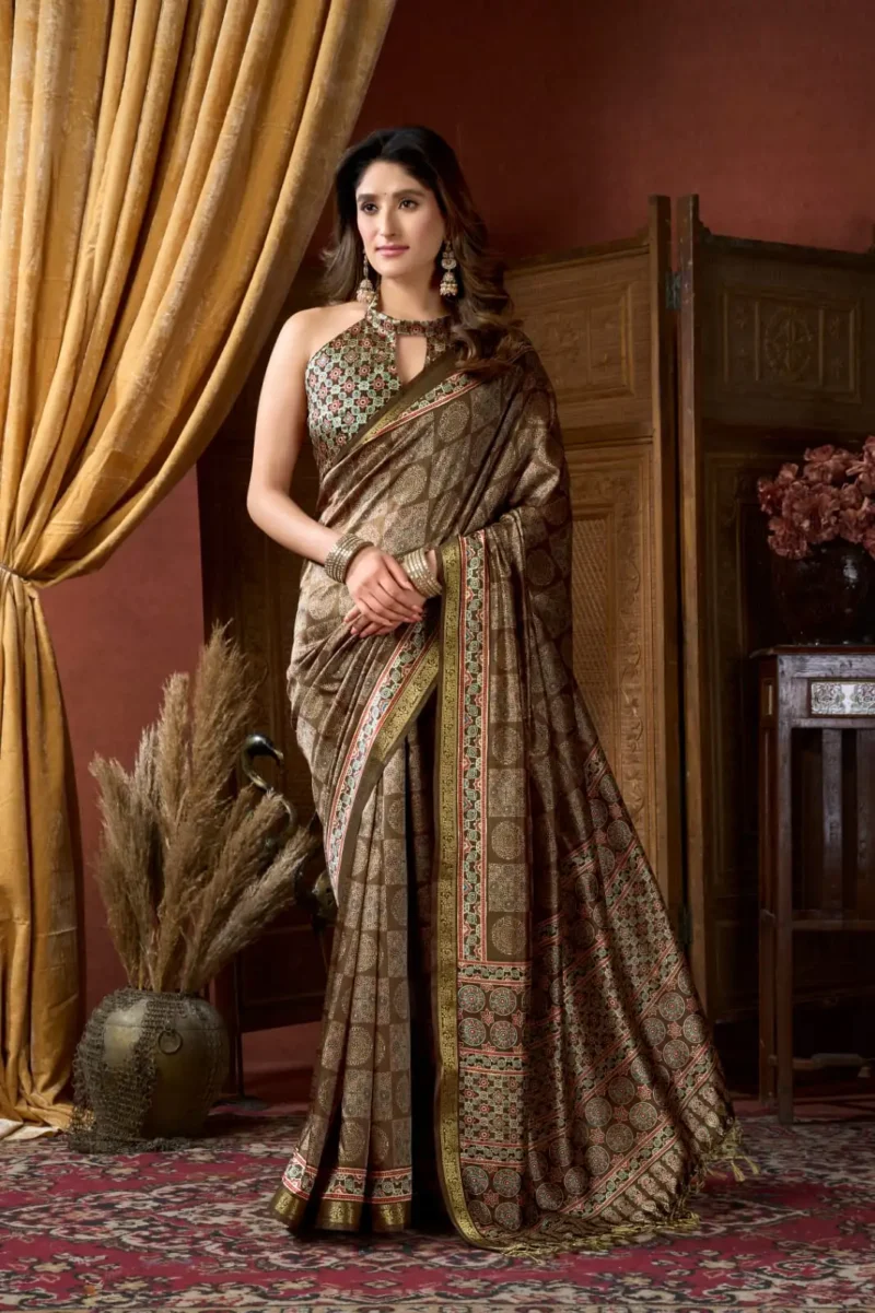 Brown Colour Cluster Digital Printed Saree with Jacquard Border front look