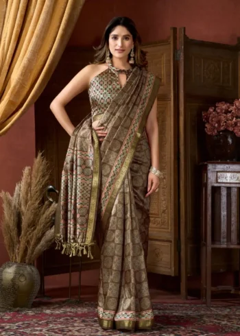 Brown Colour Cluster Digital Printed Saree with Jacquard Border front look