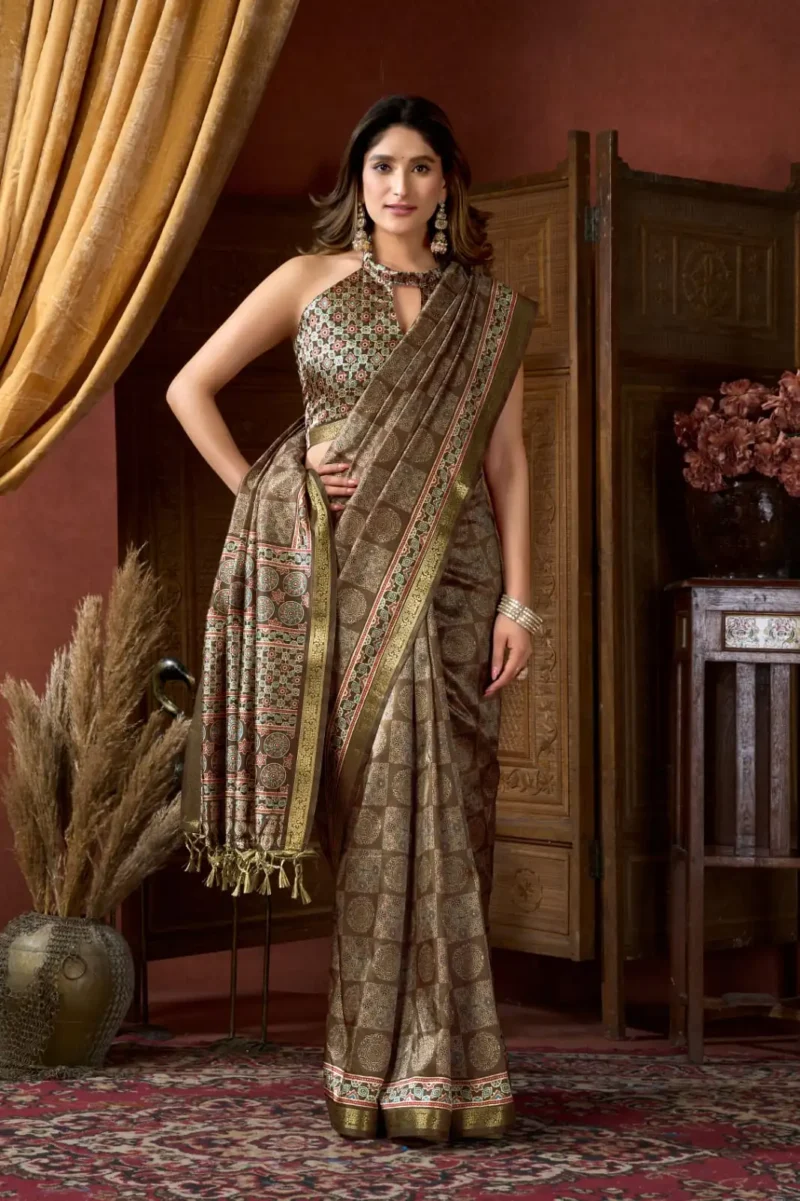 Brown Colour Cluster Digital Printed Saree with Jacquard Border front look