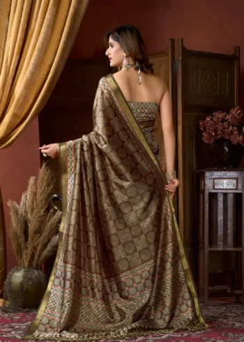 Brown Colour Cluster Digital Printed Saree with Jacquard Border back design