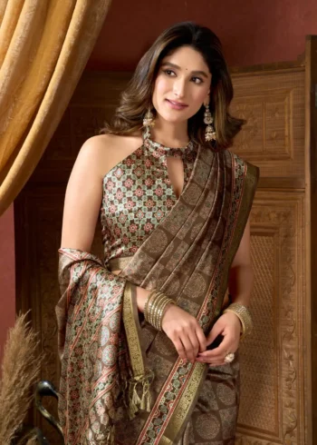 Brown Colour Cluster Digital Printed Saree with Jacquard Border blouse design