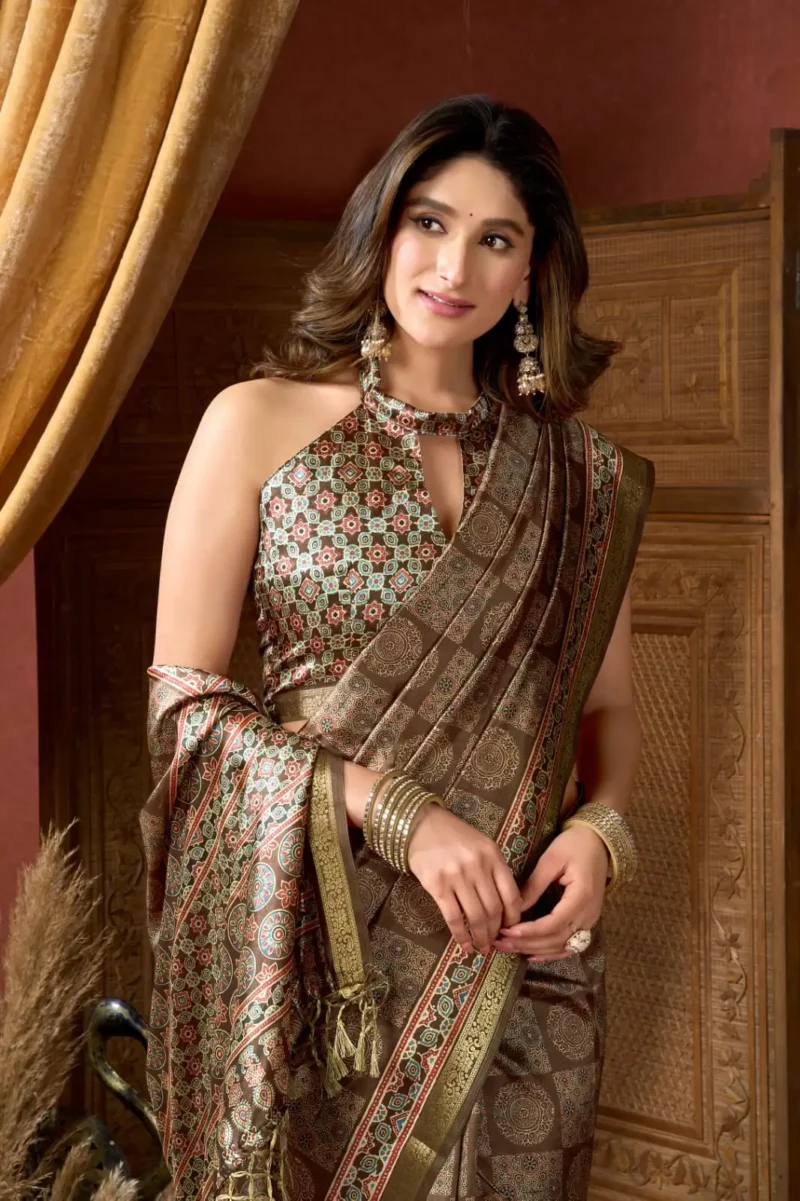 Brown Colour Cluster Digital Printed Saree with Jacquard Border blouse design