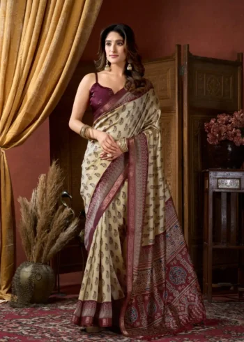 Cream Colour Cluster Digital Printed Saree with Jacquard Border front look