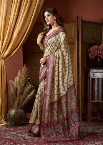 Cream Colour Cluster Digital Printed Saree with Jacquard Border side look