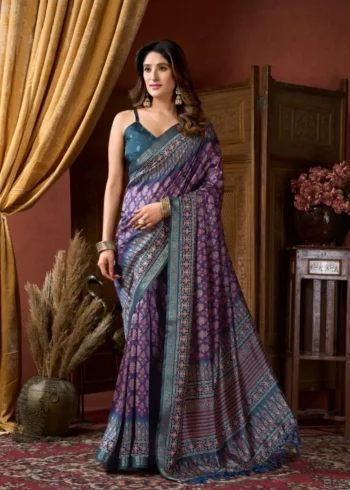 Purple Colour Cluster Digital Printed Saree with Jacquard Border front look