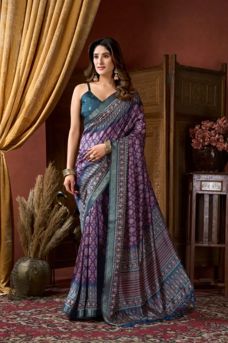 Purple Colour Cluster Digital Printed Saree with Jacquard Border front look